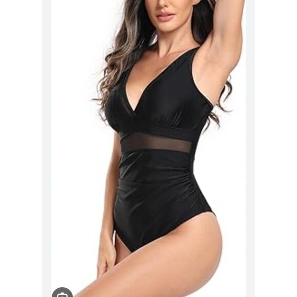 Womens Sexy Black Mesh Small One-Piece Swimsuit Deep V-Neck Halter Tie Beach - Picture 2 of 9